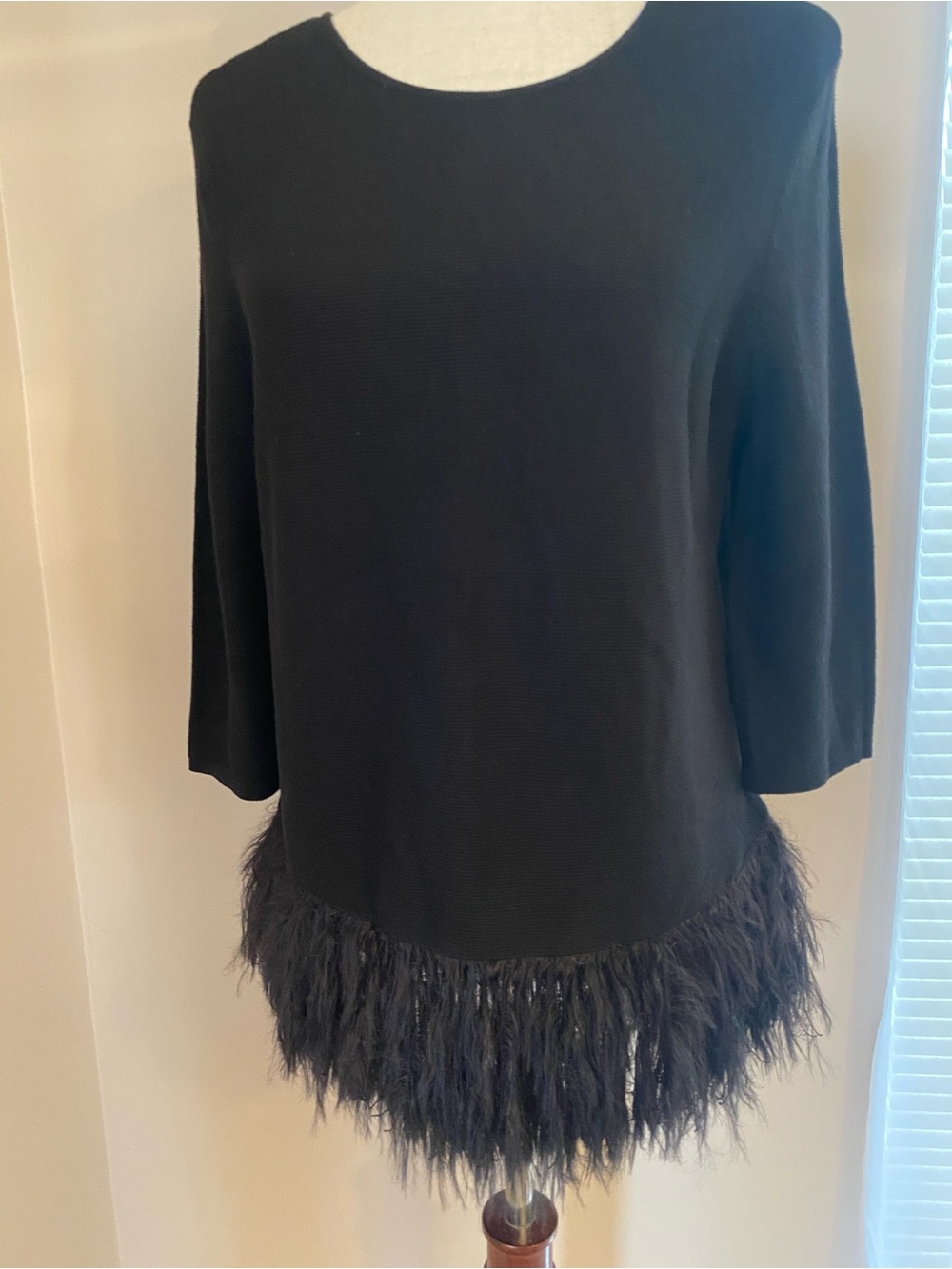 NIC+ZOE Black Crewneck Sweater with Feather Trim Reg $168